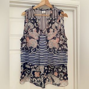 Cabi Peplum Blouse size L with flattering blue/orange pattern